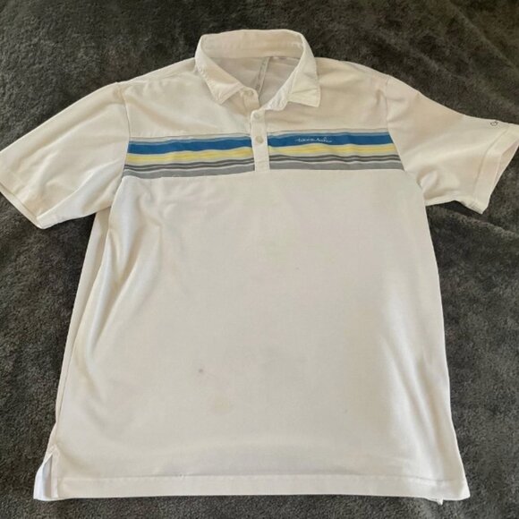 Travis Mathew White Mens Polo Short Sleeve Collared Golf Shirt L Blue Striped - Picture 1 of 3